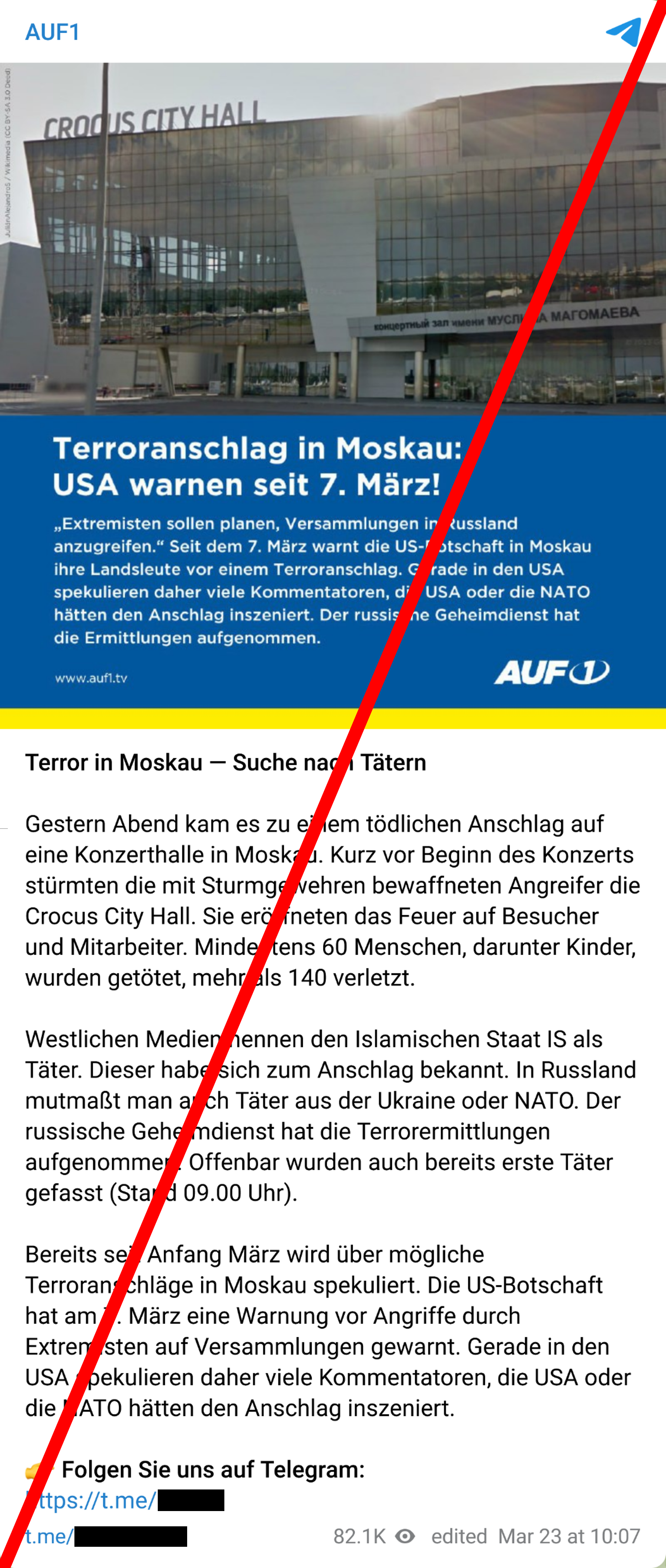 Screenshot aus Telegram: 'AUF1' bewirbt einen Artikel mit dem Titel 'Terroranschlag in Moskau: USA warnen seit 7. März!'